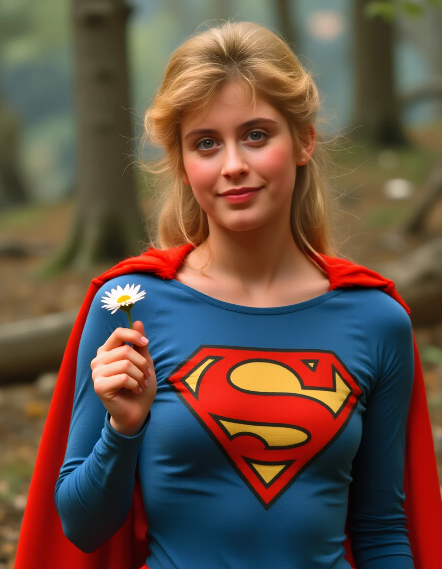 <lora:h3lenslat3rv-1:1.4>,The image shows a young woman with blonde hair, wearing a tight blue and red Superman costume. She is holding a small white flower in her right hand and is looking directly at the camera with a slight smile on her face. The background is blurred, but it appears to be a wooded area with trees and foliage. The overall mood of the image is cheerful and playful.