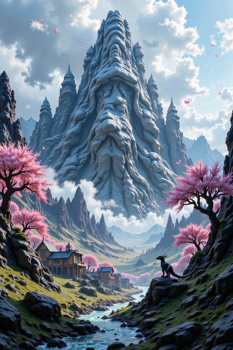 A majestic granite boulder, adorned with wispy moss and lichen, majestically crowns the crest of a rolling hill, overlooking a quaint village below. Soft cherry blossom petals, like delicate pink snowflakes, gently flutter from the trees as morning light casts a warm, golden glow. In Ultra High Definition, every detail is meticulously rendered: the boulder's rugged texture, the villagers' thatched roofs, and the serene stream's gentle ripples. The scene is painted in Watercolor hues, with delicate brushstrokes capturing the subtle interplay of light on stone and petals. A tiny T-Rex, no larger than a housecat, stands atop the boulder, surveying its surroundings with curiosity, as if pondering the secrets of this idyllic landscape.,tiny t-rex,gome style,Frozen,north_rest, warrior