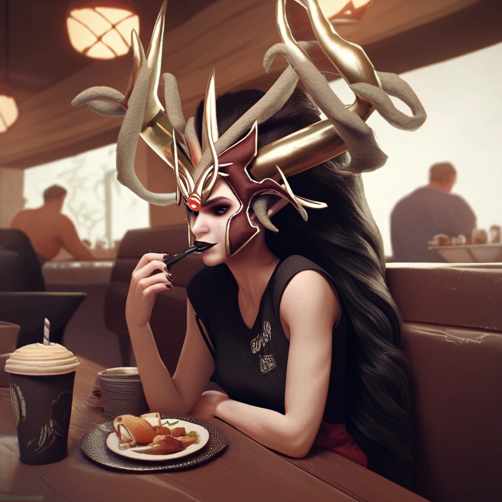 score_9, score_8_up, score_7_up Morathi horned helmet in a café