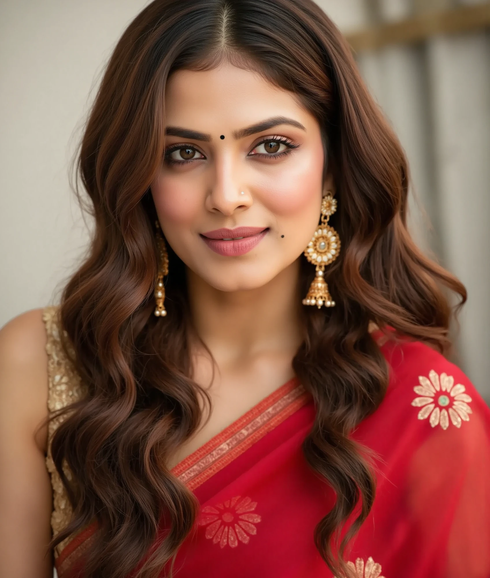 A shot of a woman malavikam with long, wavy brown hair and a red saree. The saree is adorned with a red flower design, adding a touch of color to the scene. The background is blurred, creating a soft focus on the woman's face. The woman's eyes are wide open, and her lips are slightly parted, as if she is smiling. She is wearing a pair of dangling earrings, with a matching design on each earring.