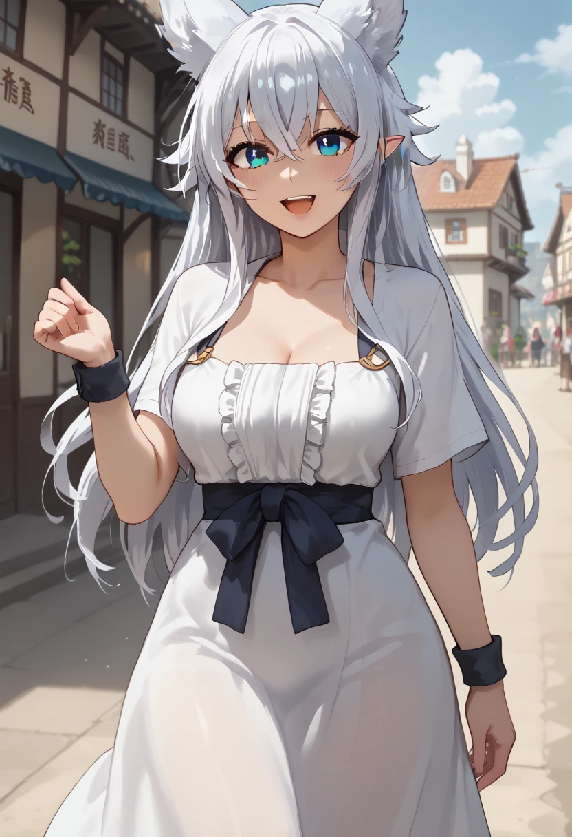 score_9, score_8_up, score_7_up, source_anime, masterpiece, detailed face,1girl, 20yo, mature woman, anime style, medival town, smile, anime screencap, blush,fenrys, long hair, fox ears, white hair, medium breasts,
long hair, blue eyes, animal ears, bangs, white hair, hair between eyes, pointy ears, crossed bangs, collarbone, open mouth, white long dress, fullbody, standing,
<lora:fenrys_pony_v1:0.7>