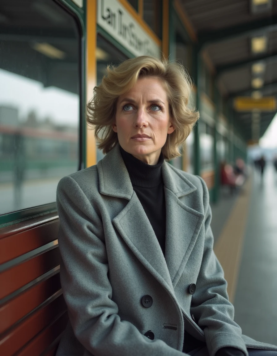 woman, ladydiana, Sitting on a bench at a train station wearing a grey wool coat, <lora:ladydiana:1>