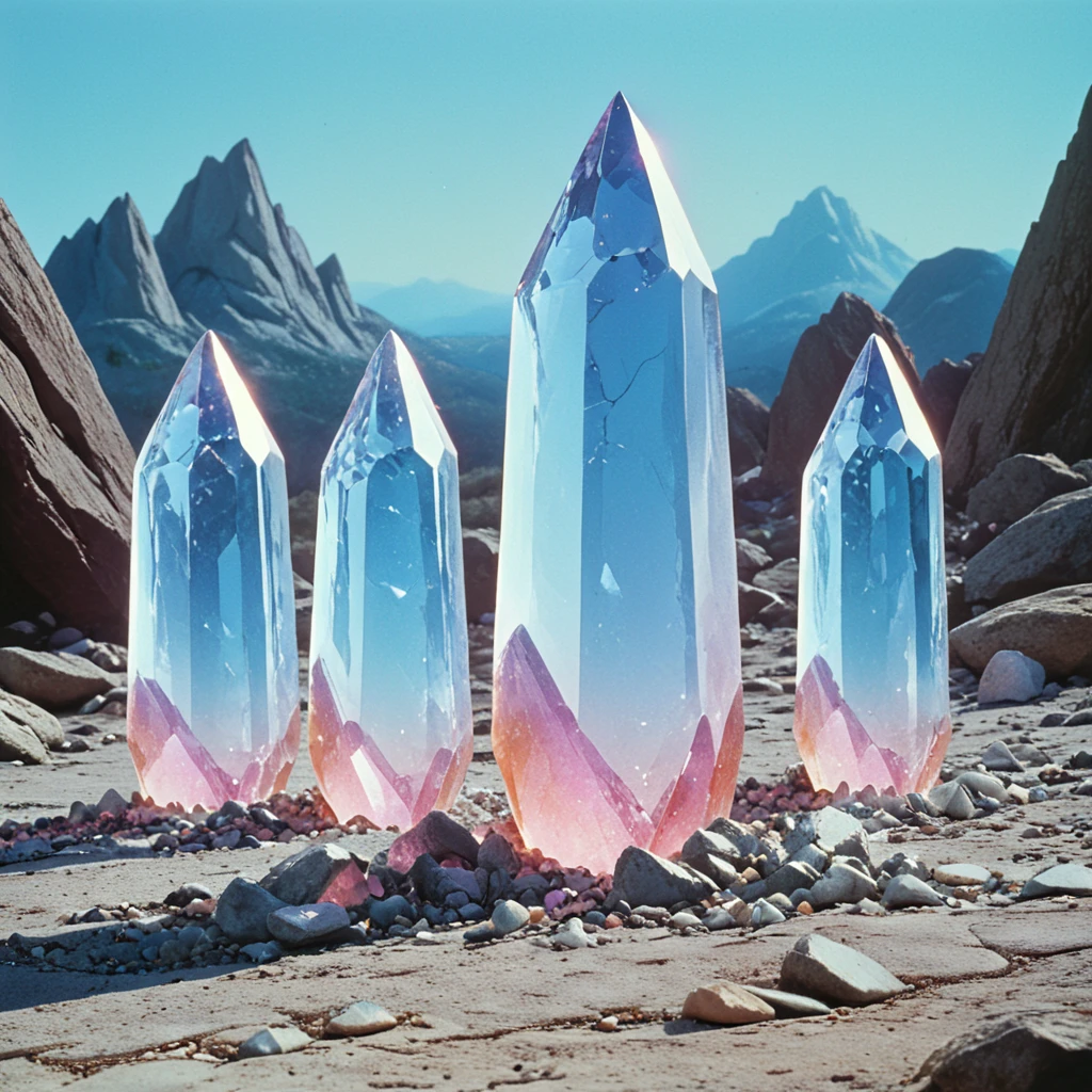 <lora:70sSci-FiMovieSDXL:1> ArsMovieStill, movie still from a 1970s technicolor Sci-Fi movie, The image shows a group of five tall pointed crystals standing on a rocky surface. The crystals are arranged in a triangular formation with the tallest one in the center and the two smaller ones on either side. The tallest crystal is a bright pink color while the other three are a lighter shade of pink. The background shows a clear blue sky and a mountain range in the distance. The ground is covered in small rocks and boulders and there is a hint of orange glow emanating from the crystals. The overall mood of the image is mystical and awe-inspiring., no humans, crystal, sky, outdoors, blue sky, scenery, day, mountain, rock, gem