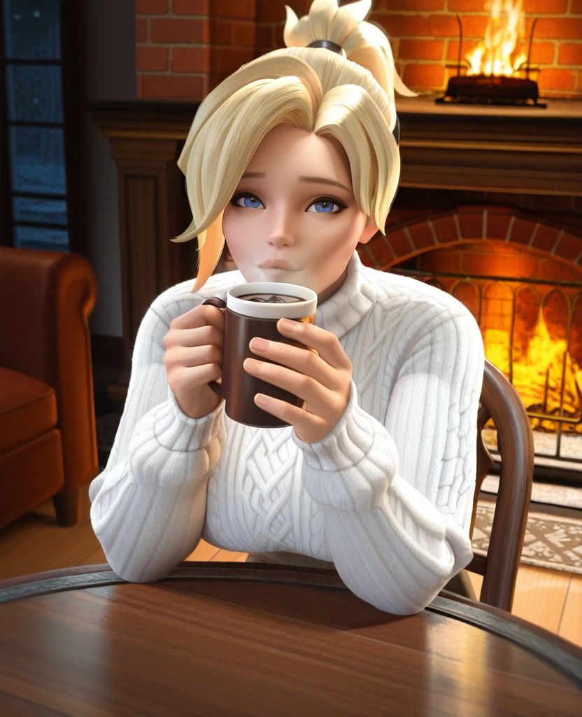 masterpiece, best quality, amazing quality, highres, absurdres, intricate detail, 3d, realistic, very aesthetic, scenery, cinematic, <lora:Overwatch_Cinematic_ILLUS_4_LAST-000008:0.8> ,1girl, mercy, white sweater, short hair, joggers, ponytail, drinking coffee, sitting on chair, fireplace, looking at viewer,