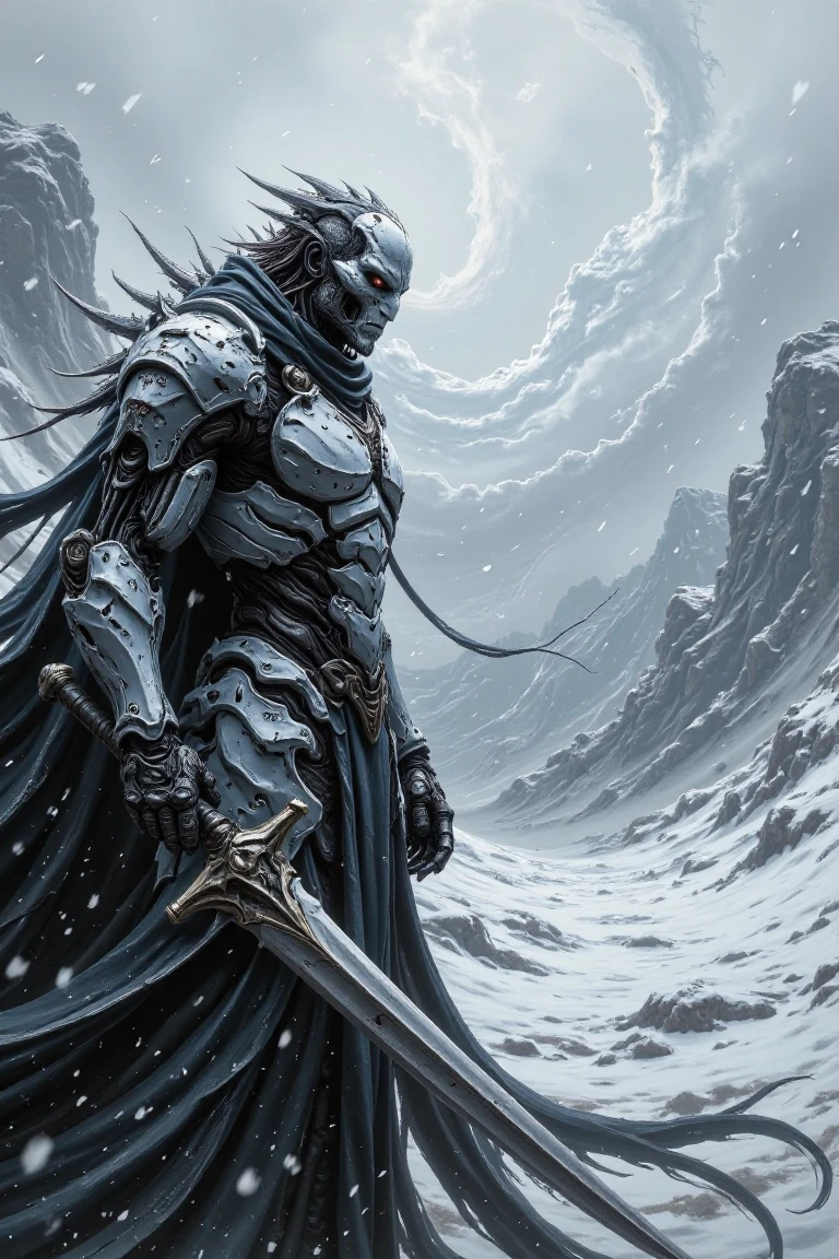 A frozen sentinel stands at the edge of a desolate winter landscape, weathered armor glinting like crystal against the soft, swirling blues and whites. Frost-kissed beard and rugged visage seem to defy the biting cold as misty breath escapes their lips, veiling the frozen terrain. Behind them, an icy tempest rages, its dark shadows hinting at a mysterious world beyond.,north_rest, warrior