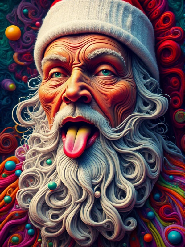 santa claus is showing a round pill on his tongue. closeup Portrait <lora:Psychedelic_style:0.9> psychedelic style, colorful, abstract