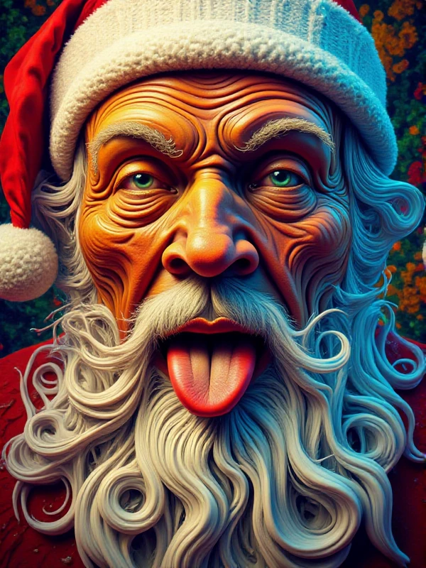 santa claus is showing a round pill on his tongue. closeup Portrait <lora:Psychedelic_style:0.9> psychedelic style, colorful, abstract