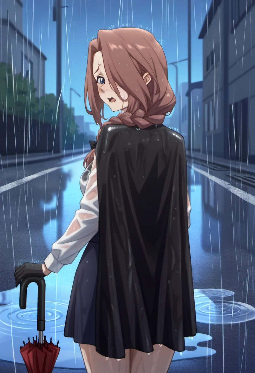 1girl, solo, crucabena, gentle, looking behind, long hair, brown hair, hair over one eye, braid, single braid, hair over shoulder, cowboy shot, white shirt, long sleeves, black cape, bow, gem, black gloves, rain, umbrella, street, sad_expression, looking_back, puddle, night, reflection, wet_clothes, <lora:Character_Crucabena - Gentle:0.8>