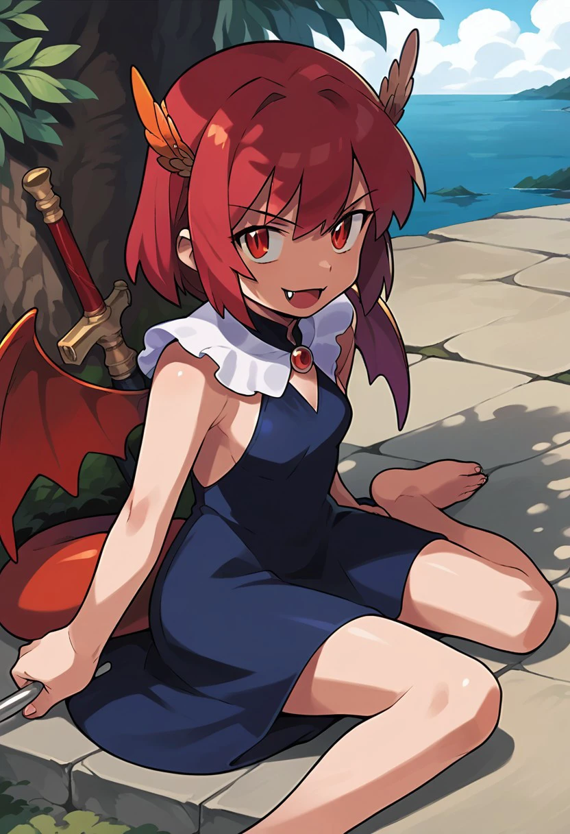 score_9, score_8, score_7, source_anime, red hair, sitting, dress, small breasts, day, tail, holding weapon, fangs, copyright notice, wings