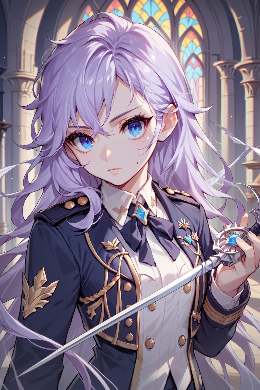 score_9, score_8_up, score_7_up, score_6_up, score_5_up, score_4_up, <lora:Edel - Grand Chase:1>  GCEdel, blue eyes, pastel purple hair, long hair, beauty mark, uniform, holding weapon, fencing foil,  castle background