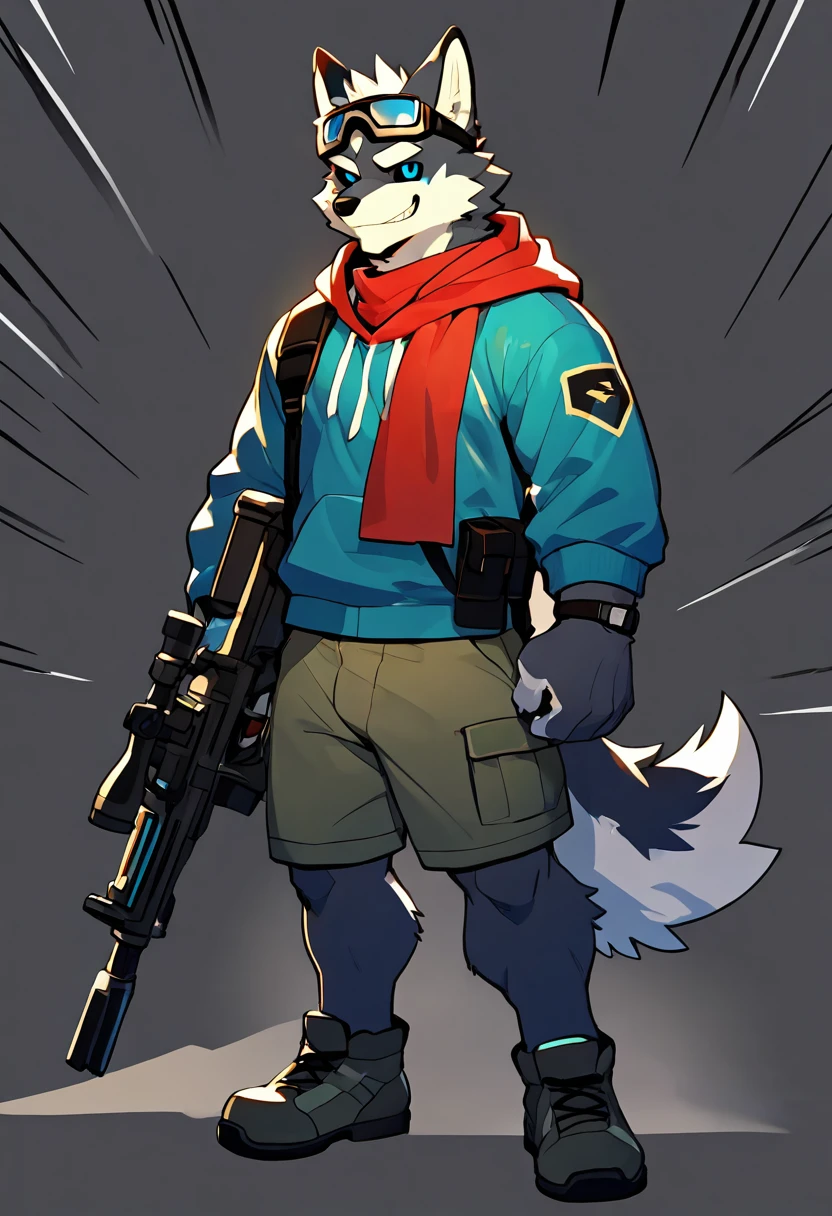 <lora:CharlinMixStyle_v3:1>,
animification,1 tail,solo,full body,
furry,furry male,bara,anthro,kemono,
wolf male,black fur,blue eyes,white eyebrows,
masterpiece,best quality,amazing quality,very aesthetic,huge filesize,
goggles on head,tactical clothes,laser rifle,expressionless,contempt,black sclera,red scarf,
(high contrast:1.1),light leaks,foreshortening,
hoodie,shorts,grin,lineart,emphasis lines,