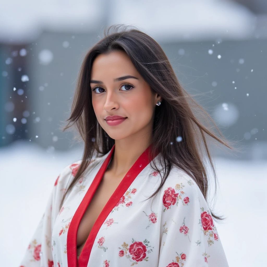 High quality candid photo of a caucasian woman with long straight hair in a partial updo with a single strand framing her face wearing a white and red kimono and red eye-shadow makeup but clear glossy lips (not red lipstick) on her face, standing outside in the snow looking at the viewer. Snowflakes are falling all around her. The snowy atmosphere is strenghtend by the apporaching of dusk., <lora:alexsaintmleux_local_merger_27_46_47_03_04_03:1>