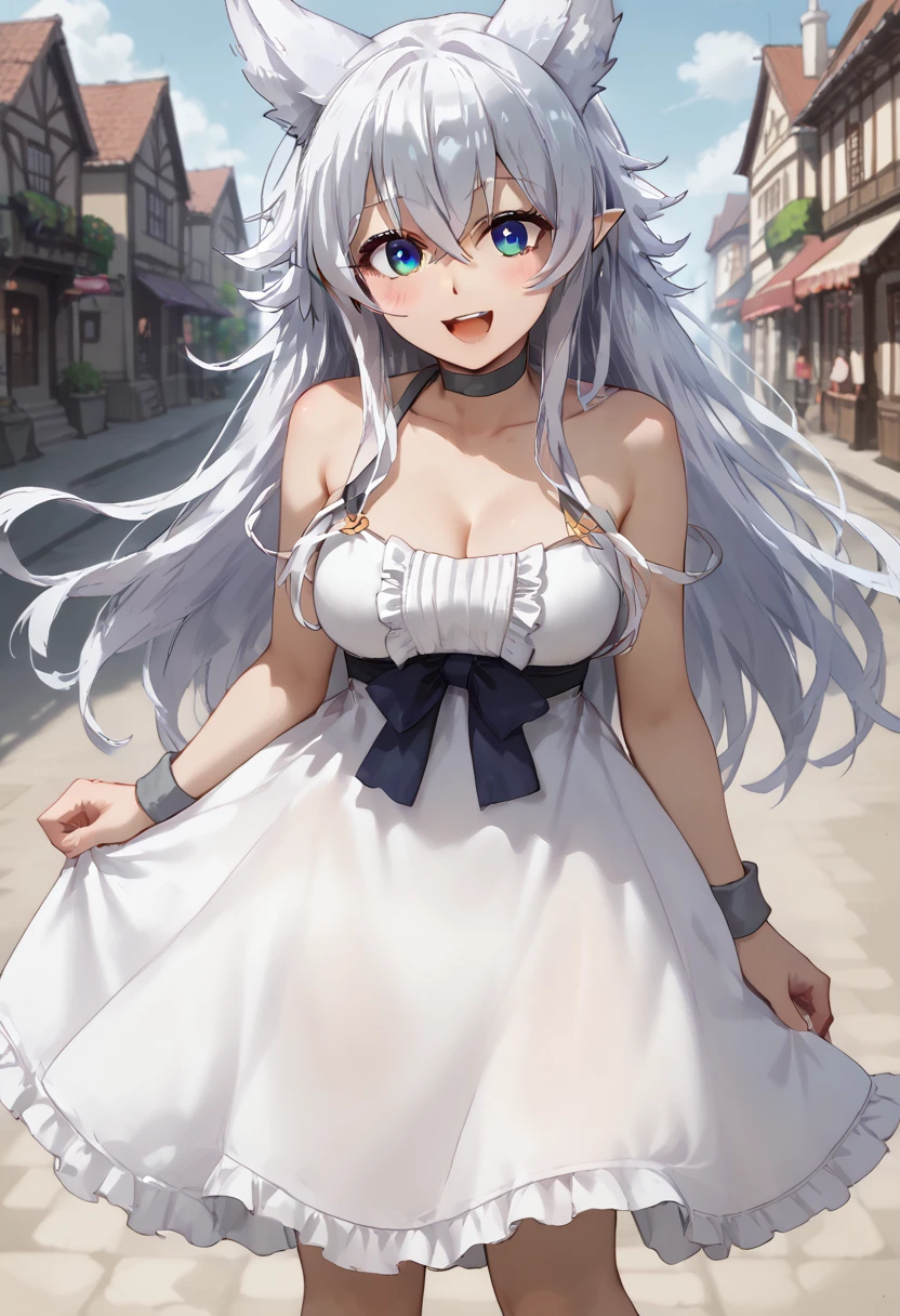 score_9, score_8_up, score_7_up, source_anime, masterpiece, detailed face,1girl, 20yo, woman, anime style, medival town, smile, anime screencap, blush, fenrys, long hair, fox ears, white hair, medium breasts, long hair, blue eyes, animal ears, bangs, white hair, dress, hair between eyes, pointy ears, white dress, crossed bangs, collarbone, open mouth, fullbody, standing