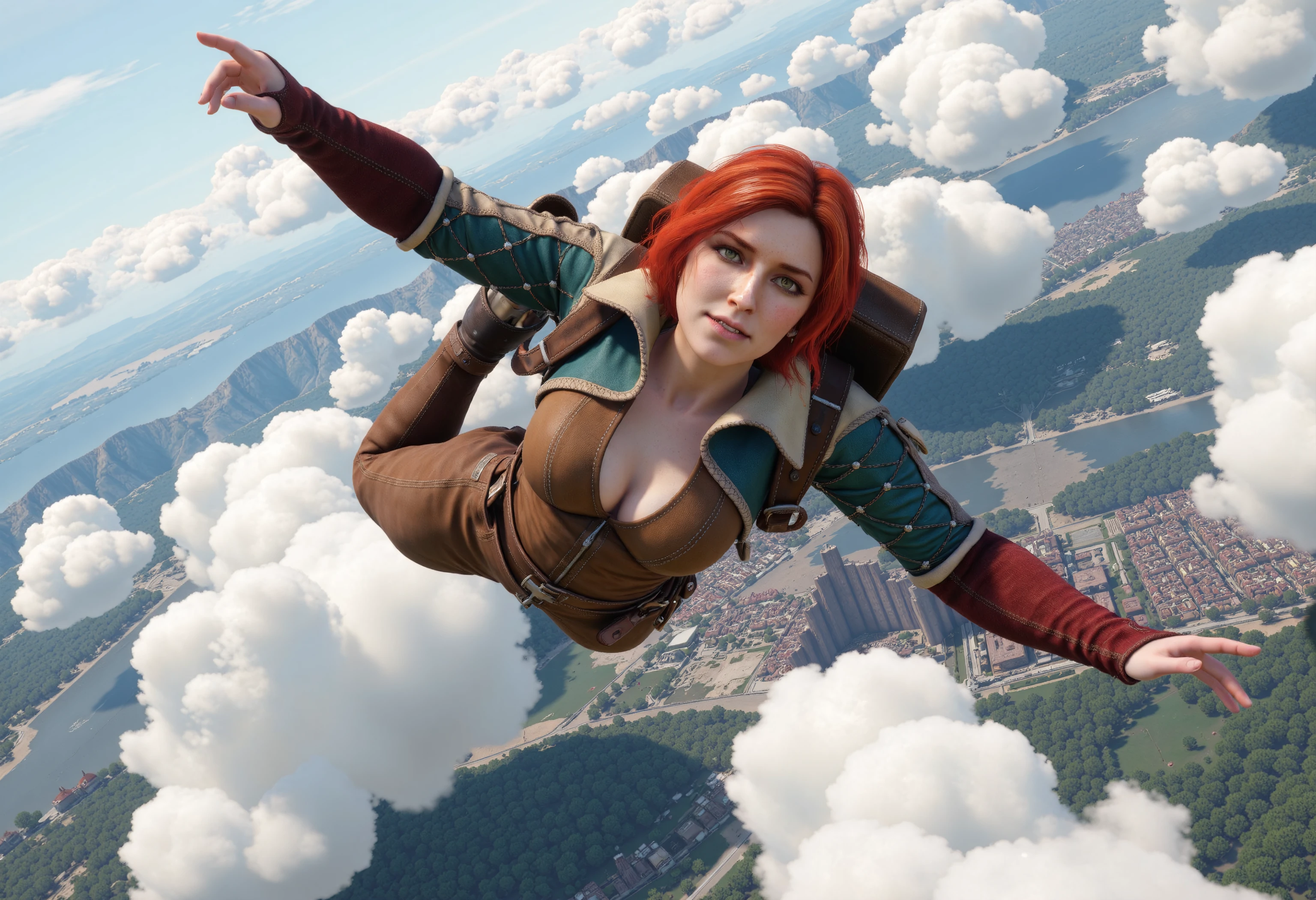 Photorealistic image of Triss Merigold skydiving.