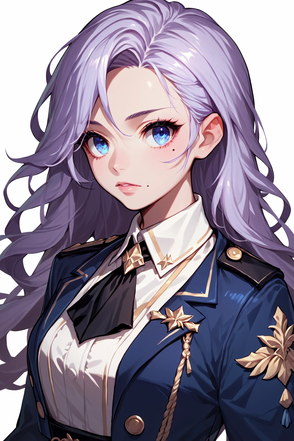 score_9, score_8_up, score_7_up, score_6_up, score_5_up, score_4_up, <lora:Edel - Grand Chase:1>  GCEdel, blue eyes, pastel purple hair, long hair, beauty mark, uniform