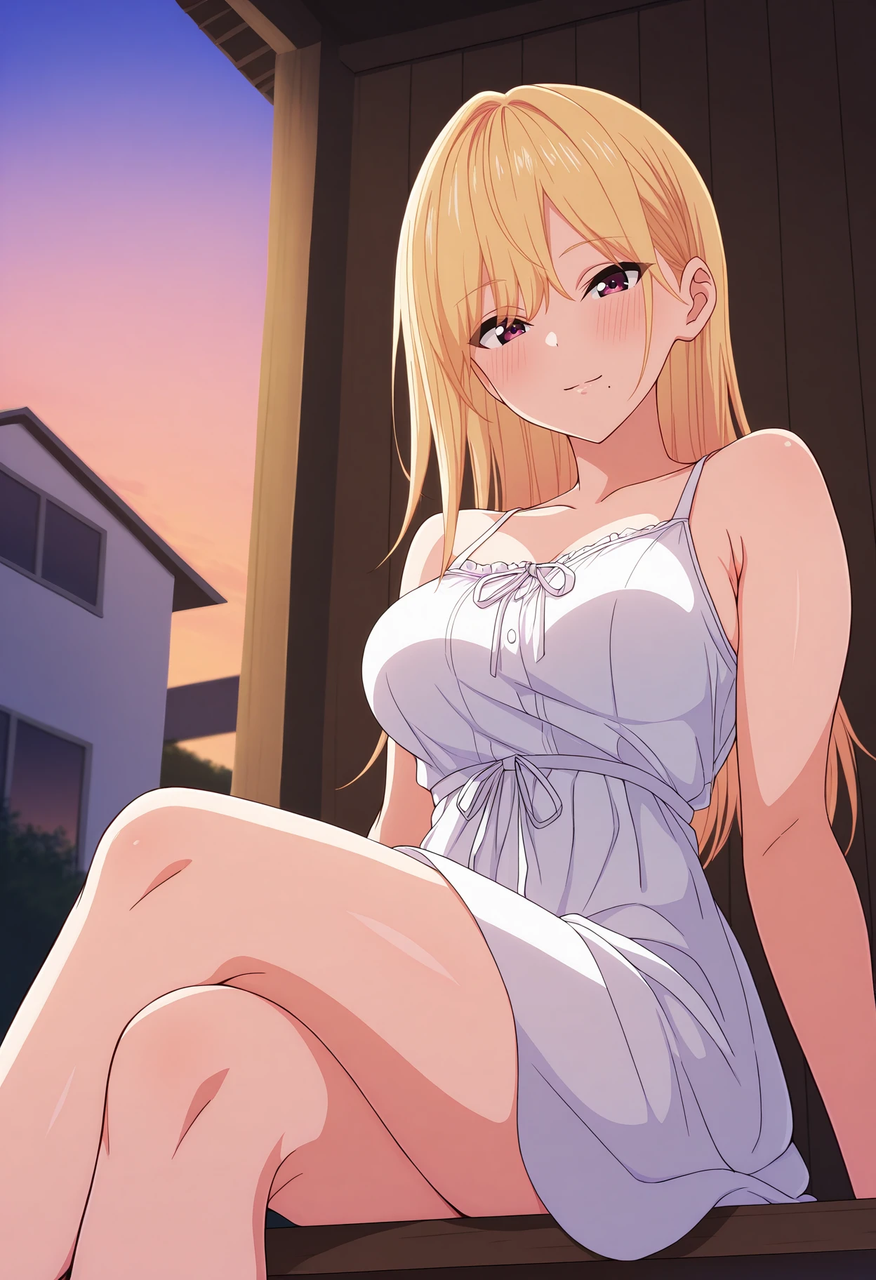 masterpiece, best quality, 1girl,
<lora:Haruka_Nanase_Seiyoku_Tsuyotsuyo_IL_V1:1>, KJOharuka, blonde hair, dark purple eyes, mole under mouth, long hair,
white sundress, bare shoulders, 
sitting, patio swing, front of house, wooden walls, window, outdoors, light smile, looking at viewer, crossed legs, looking at viewer, from below, blush,
dusk, house, 
(Beautiful, medium Breasts:1.2),