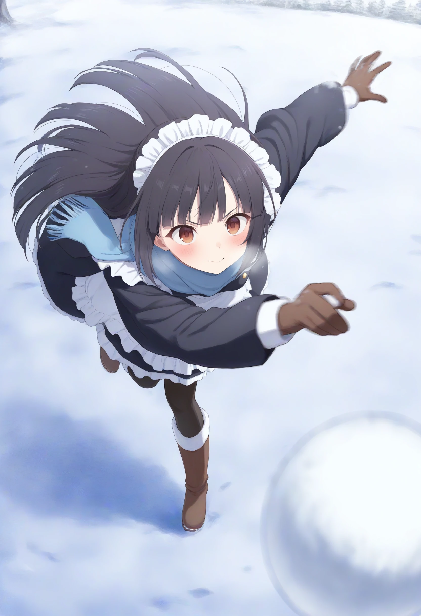 1girl,(sho \(sho lwlw\):0.7),(toosaka asagi:0.5),(sincos:0.3),solo,
masterpiece, best quality, newest, absurdres, CG, anime, source anime, illustration,
maid, maid headdress,medium breasts,
snowball fight, snowball, snow, snowing, outdoors,
winter, winter clothes, open coat, boots, gloves,  coat,  scarf, long sleeves, blush, breath,
throwing, outstretched arms, standing, standing on one leg, leg up,  spread arms, outstretched arm, blurry foreground, leaning forward, motion blur,  <lora:snowballfight_Illust_v1:0.8>
from above, panorama shot, looking down, white hair, brown eyes,panicking, closed mouth, hime cut hair,