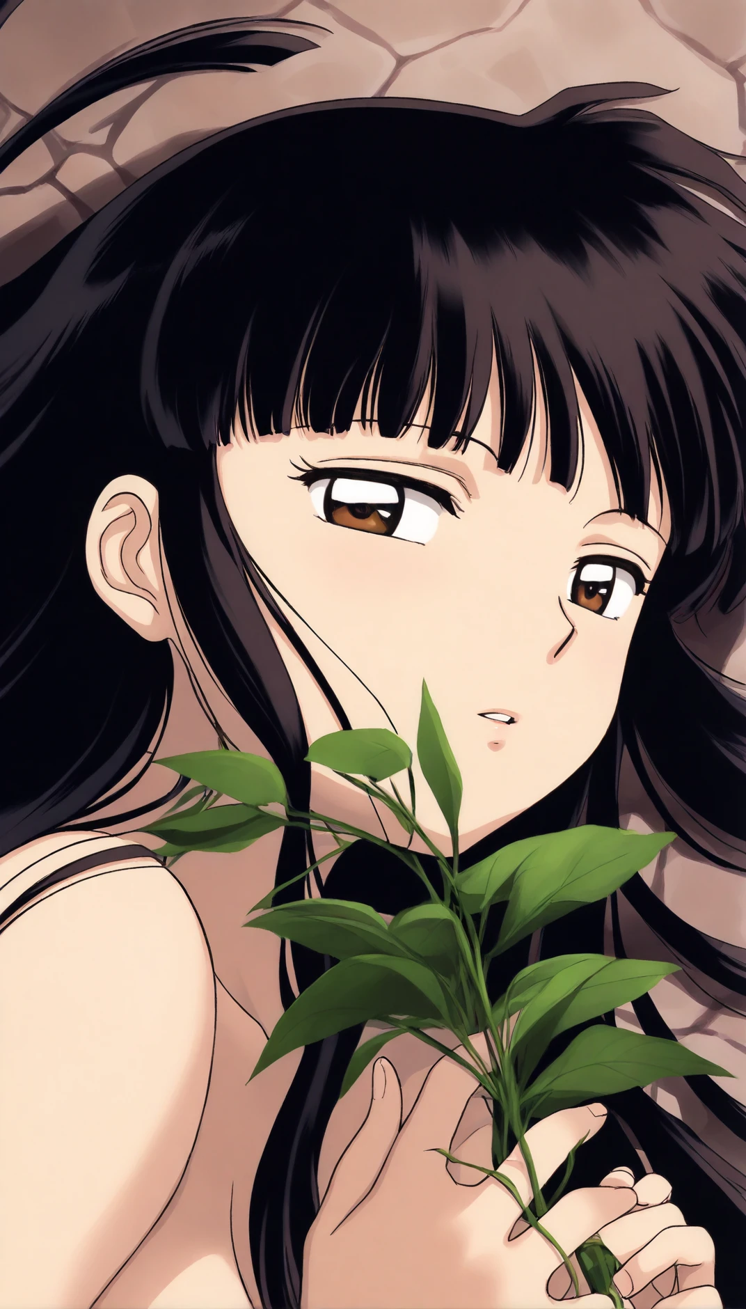 masterpiece,best quality,amazing quality,<lora:kikyoIL:1>,
oykik,
1girl, solo, black hair, bangs, long hair, brown eyes, looking at viewer, parted lips, nude, portrait, from above, lying, holding plant on chest, rock ground
soft lighting,