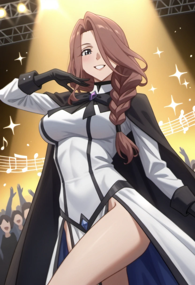 crucabena, gentle, looking behind, long hair, brown hair, hair over one eye, braid, single braid, hair over shoulder, cowboy shot, white shirt, long sleeves, black cape, bow, gem, black gloves, dynamic_angle, spinning, flowing_dress, stage_lights, vibrant_smile, sparkles, raised_leg_pose, music_notes, crowd_in_background, energetic_expression, <lora:Character_Crucabena - Gentle:0.8>