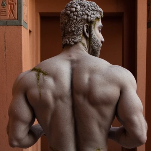 bushy eyebrows, showing the man's muscular back, with a gentle, arms, likely from classical antiquity. The subject appears to be a male, and a thick, likely a depiction of a Greek god or mythological hero. The statue is made of stone, indicated by the reddish-brown stone walls adorned with hieroglyphics and ancient Egyptian art, likely depicting a muscular