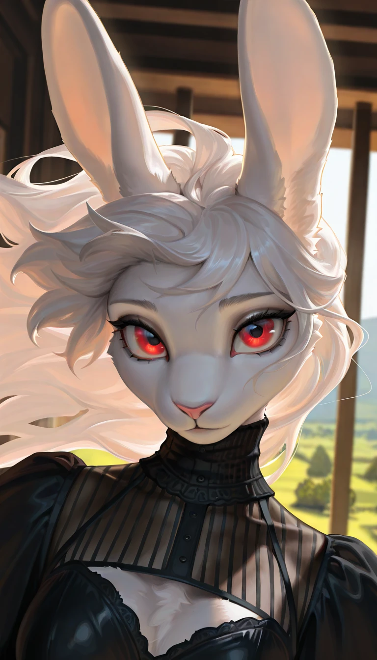 masterpiece, best quality, amazing quality, very aesthetic, high resolution, ultra-detailed, absurdres, newest, scenery, 1girl, furry, anthro, solo, rabbit girl, clothed, body fur, white rabbit, white fur, fluffy, long white hair, floating hair, looking at viewer, over-the-shoulder look, red eyes, big eyes, luxurious turtleneck gothic black dress, upper body, long rabbit ears, portrait, dutch angle, three-quarter view, rim light, BREAK, eyes, detailed eyes, detailed background, detailed hair, depth of field, detailed fluffy fur, photorealistic details, masterpiece, best quality, amazing quality, very aesthetic, high resolution, ultra-detailed, absurdres, newest, scenery, volumetric lighting