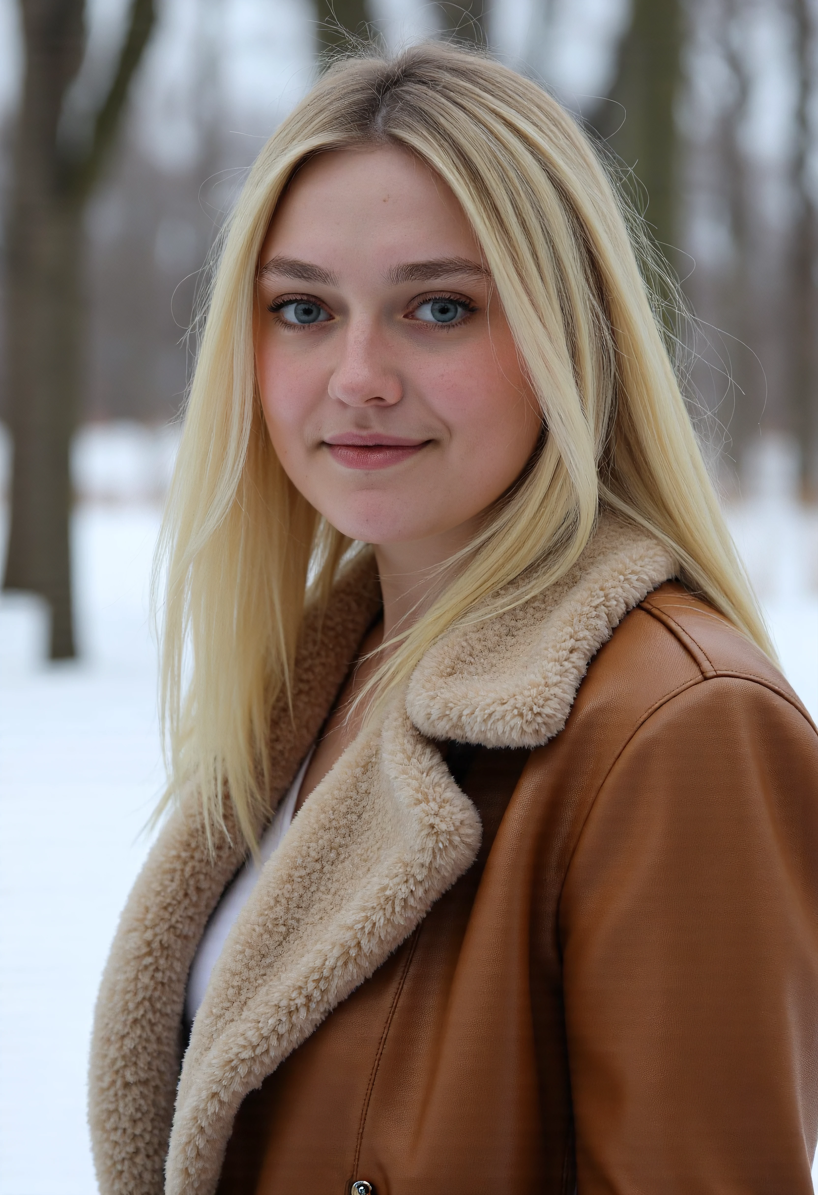 The image is a portrait of dakotaf woman posing for a photo,She has blonde hair,She is wearing a fur leather coat, She is outdoors,In the background there are trees covered with snow.Upper body photo. She is looking at viewer. Amateur photography.