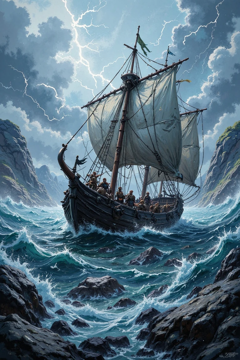 A Viking longship navigating a stormy sea, with lightning illuminating the fierce waves and warriors ready for battle on the deck.,north_rest