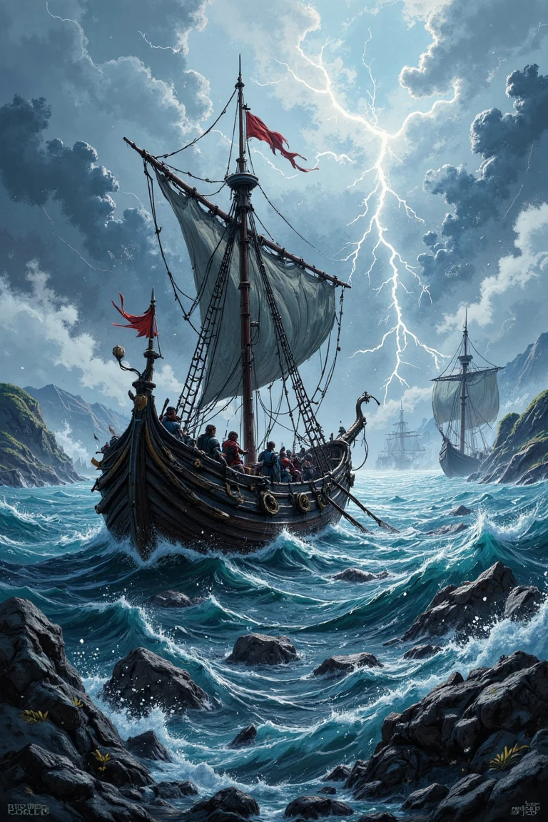 A Viking longship navigating a stormy sea, with lightning illuminating the fierce waves and warriors ready for battle on the deck.,north_rest