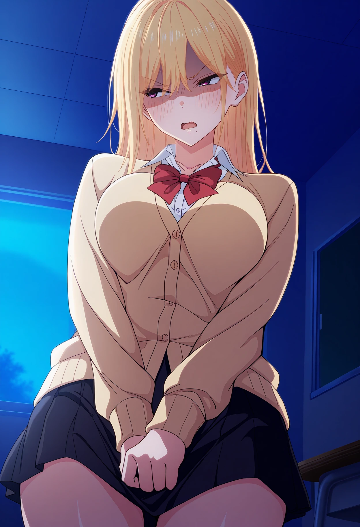 masterpiece, best quality, 1girl, 
<lora:Haruka_Nanase_Seiyoku_Tsuyotsuyo_IL_V1:1>, KJOharuka, blonde hair, dark purple eyes, mole under mouth, long hair, 
school uniform, beige cardigan, red bowtie, black skirt, 
from below, disgust, embarrassed, open mouth, looking to the side, skirt tug, 
classroom, windows, night,
(Beautiful, medium Breasts:1.2),