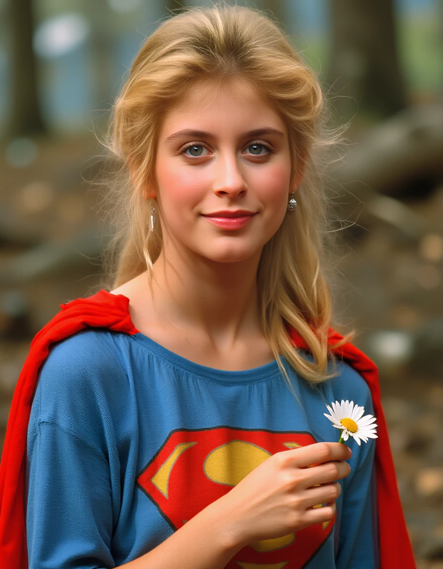 <lora:h3lenslat3rv-1:1.4>,The image shows a young woman with blonde hair, wearing a blue and red Superman costume. She is holding a small white flower in her right hand and is looking directly at the camera with a slight smile on her face. The background is blurred, but it appears to be a wooded area with trees and foliage. The overall mood of the image is cheerful and playful.