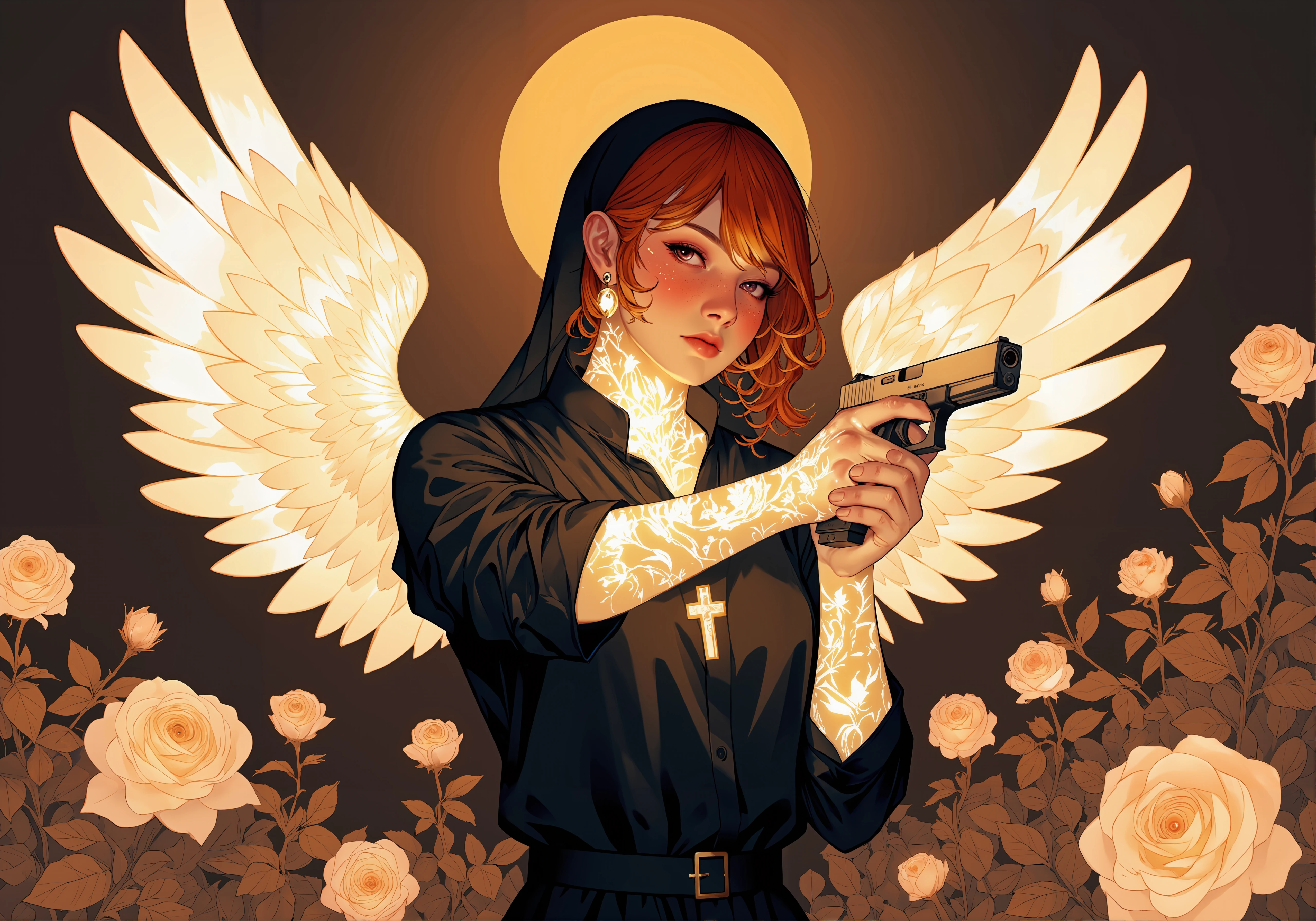 detailed digital illustration of an angel with glowing golden wings aiming a G17Model Glock pistol, a luminous portrait of a young nun with sun-kissed skin and shoulder-length auburn hair tucked neatly beneath a black veil, her glowing amber eyes gazing softly at the viewer with quiet compassion; she wears a modern black habit with a simple silver cross resting at her chest, her hands gently holding a silver handgun adorned with intricate floral engravings, the weapon angled slightly downward; she stands in the middle of a serene garden filled with blooming roses and softly glowing lanterns, the golden hues of a setting sun casting warm light across the scene; faint birdsong and the gentle rustling of leaves in the breeze add to the atmosphere of peace and quiet strength, she has golden luminescent bio ink designs on her exposed skin on her hands and neck, casting a golden glow, (Colored JJK Manga Style:0.5), (Mangaka style:0.5), bio ink<lora:Jujutsu_Kasien_Colored_Manga-000001.safetensors:0.5:0.5> <lora:Glock (G17)_epoch_12.safetensors:1:1> <lora:Mangaka V2.safetensors:0.5:0.5> <lora:BioInk2FLUX.safetensors:1:1>