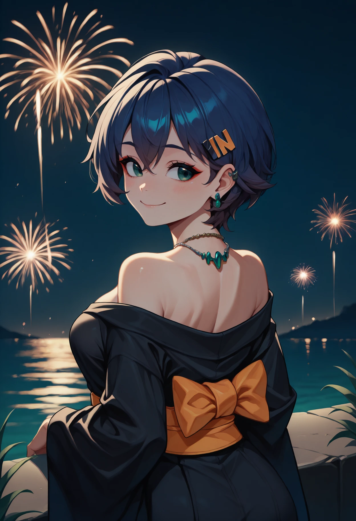 anime, masterpiece, best quality, <break> from behind, solo, 1girl, zzzb3lle, smile, looking back, short hair, blue hair, crossed bangs, hair ornament, hairclip, green eyes, japanese clothes, black kimono, off shoulder, orange sash, earrings, necklace, bare shoulders, outdoors, night, fireworks
<segment:yolo-Anzhc Face seg 640 v2 y8n.pt,0.4,0.5//cid=1>