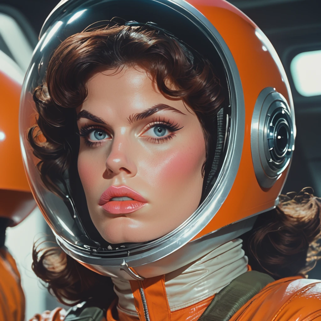 Score_9, score_8_up, score_7_up, score_6_up, BREAK  <lora:70sSci-FiMoviePony:1>  ArsMovieStill, movie still from a 1970s technicolor Sci-Fi movie, The image is a close-up portrait of a young woman wearing an orange space suit. She is wearing a full-face helmet with a large visor that covers her head and shoulders. The helmet is made of a shiny orange material and has a silver buckle on the side. The woman has shoulder-length dark hair styled in loose curls and is looking directly at the camera with a serious expression. She has a hint of pink lipstick on her lips and her eyes are a piercing blue. The background is blurred but it appears to be an astronaut's suit., 1girl, solo, brown hair, spacesuit, looking at viewer, helmet, space helmet, parted lips, astronaut, lips