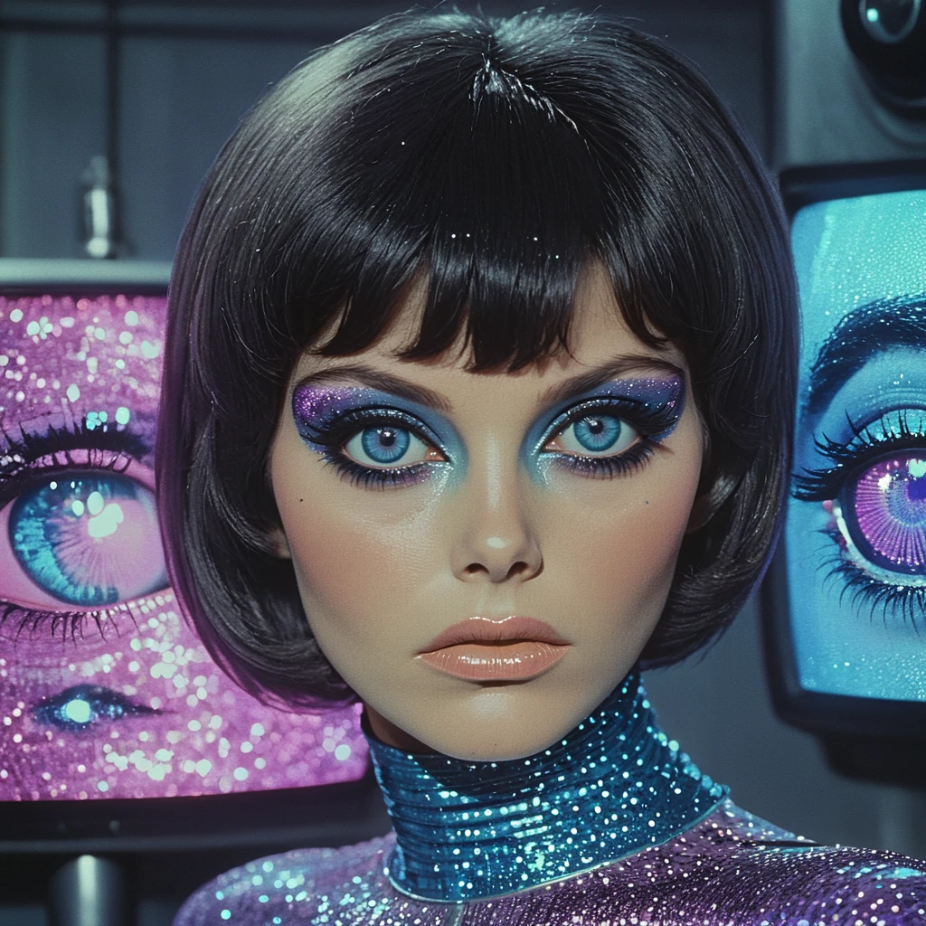 <lora:70sSci-FiMovieSDXL:1> ArsMovieStill, movie still from a 1970s technicolor Sci-Fi movie, The image is a close-up portrait of a woman's face. She has a serious expression with her eyes looking directly at the camera. Her hair is styled in a short bob with bangs. Her makeup is dramatic with a pink and purple glittery eye makeup look. The background is blurred but it appears to be a room with multiple televisions. The overall mood of the image is futuristic and edgy., 1girl, parted lips, black hair, solo, lips, short hair, blue eyes, realistic, looking at viewer, portrait