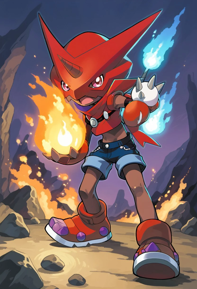 score_9, score_8, score_7, source_anime, male focus, fire, rock, pokemon (creature), digimon (creature), dark skin, shorts, elbow gloves, midriff, eyelashes