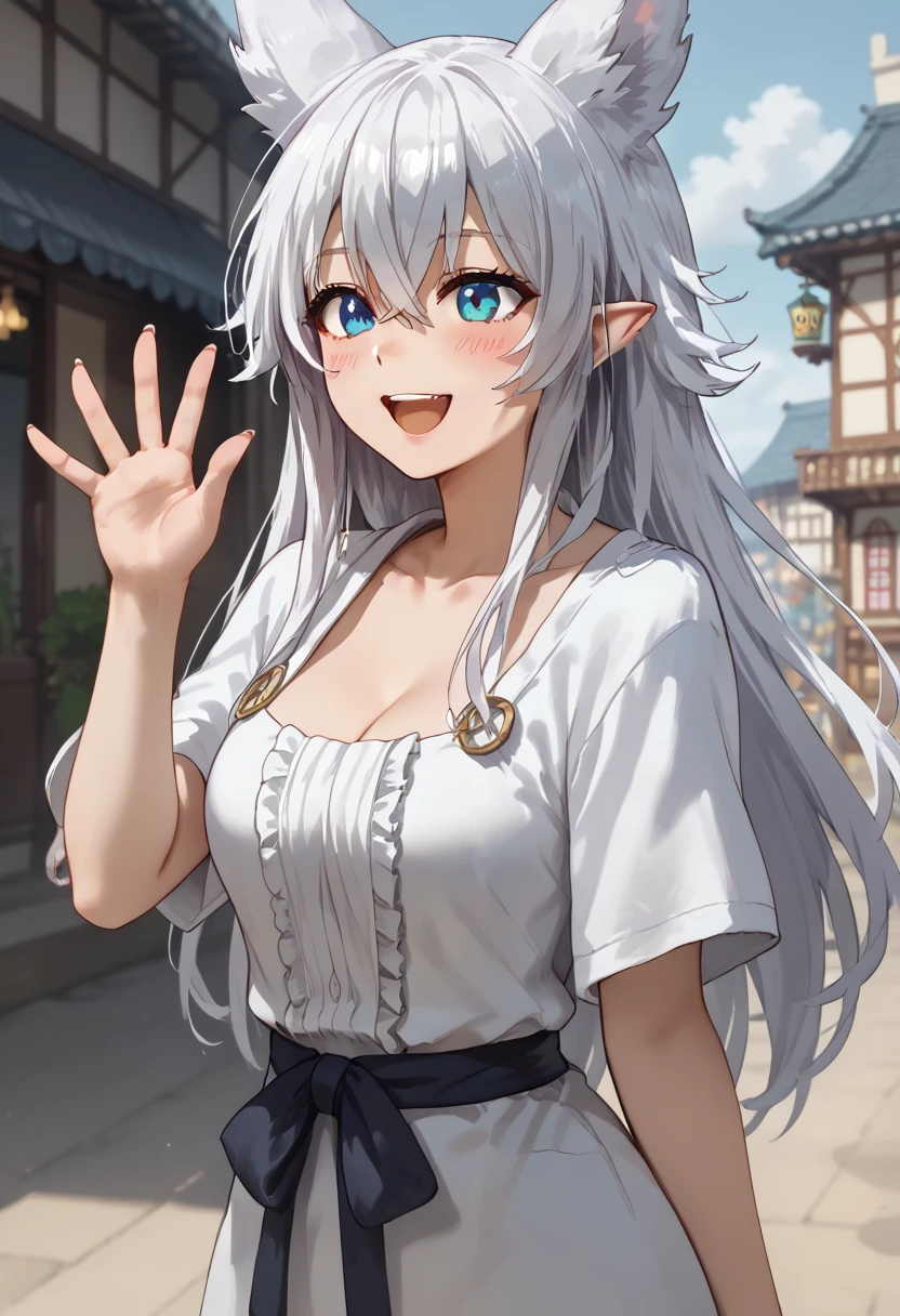 score_9, score_8_up, score_7_up, source_anime, masterpiece, detailed face,1girl, 20yo, mature woman, anime style, medival town, smile, anime screencap, blush,fenrys, long hair, fox ears, white hair, medium breasts, long hair, blue eyes, animal ears, bangs, white hair, hair between eyes, pointy ears, crossed bangs, collarbone, open mouth, white long dress, profile,upper-body,fullbody, standing, waving,
<lora:fenrys_pony_v1:0.7>