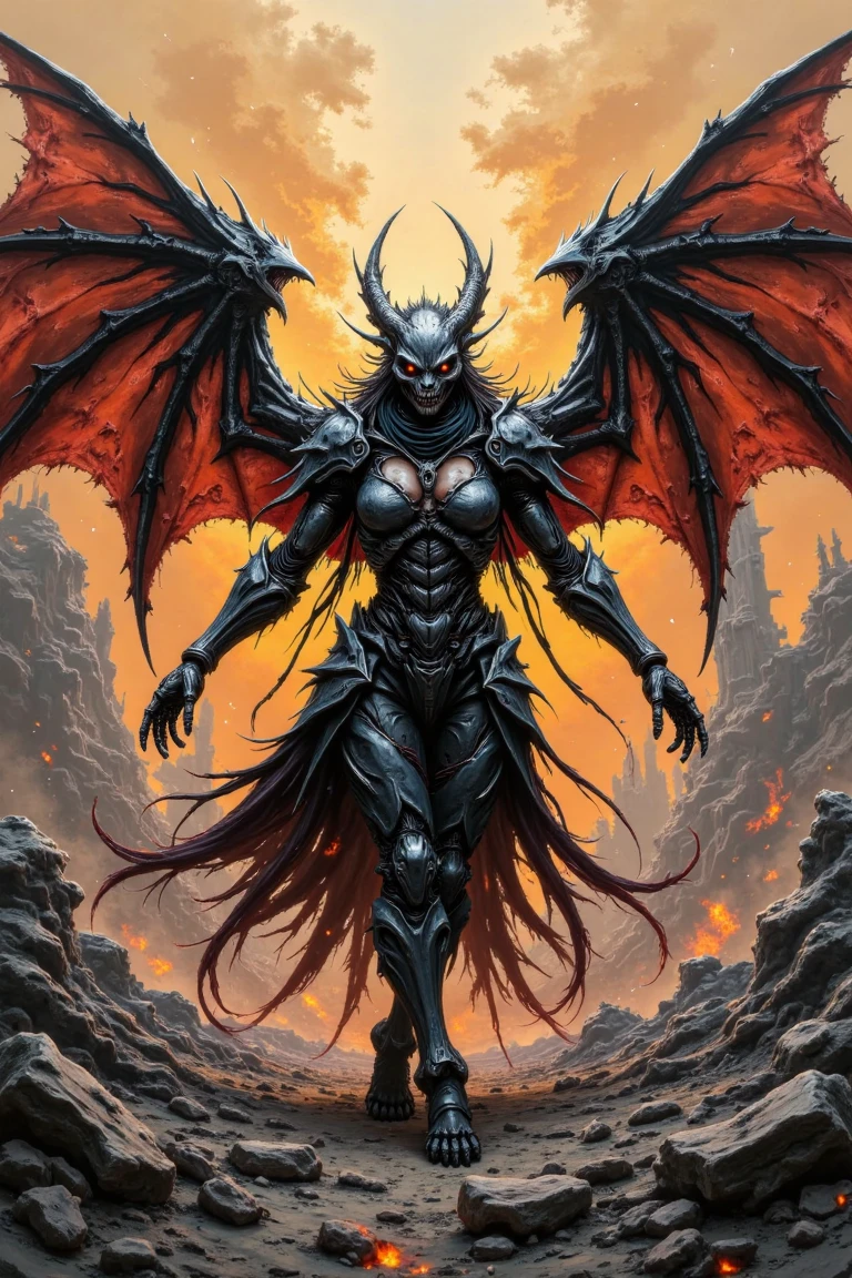 Against a fiery, smoldering backdrop of a post-apocalyptic alien landscape, a monstrous succubus emerges. Her widespread, bat-like wings unfurled, she strides confidently across the desolate terrain, an intimidating presence amidst the ruins. Flames dance at her feet, illuminating the destruction and despair that surrounds her. In this dystopian world, she reigns supreme, a master of darkness and chaos, as if H.R. Giger himself had brought forth this creature from the very depths of hell.,north_rest, warrior