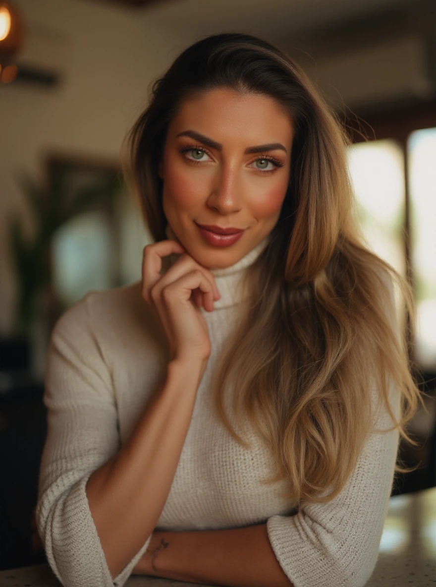 portrait of t4t1m1n3r4t0 woman, posing on a office, serene and warm, natural lighting, soft focus, high-resolution, elegant and introspective atmosphere, quiet sophistication, wearing a turtleneck yarn blouse, slight smile

