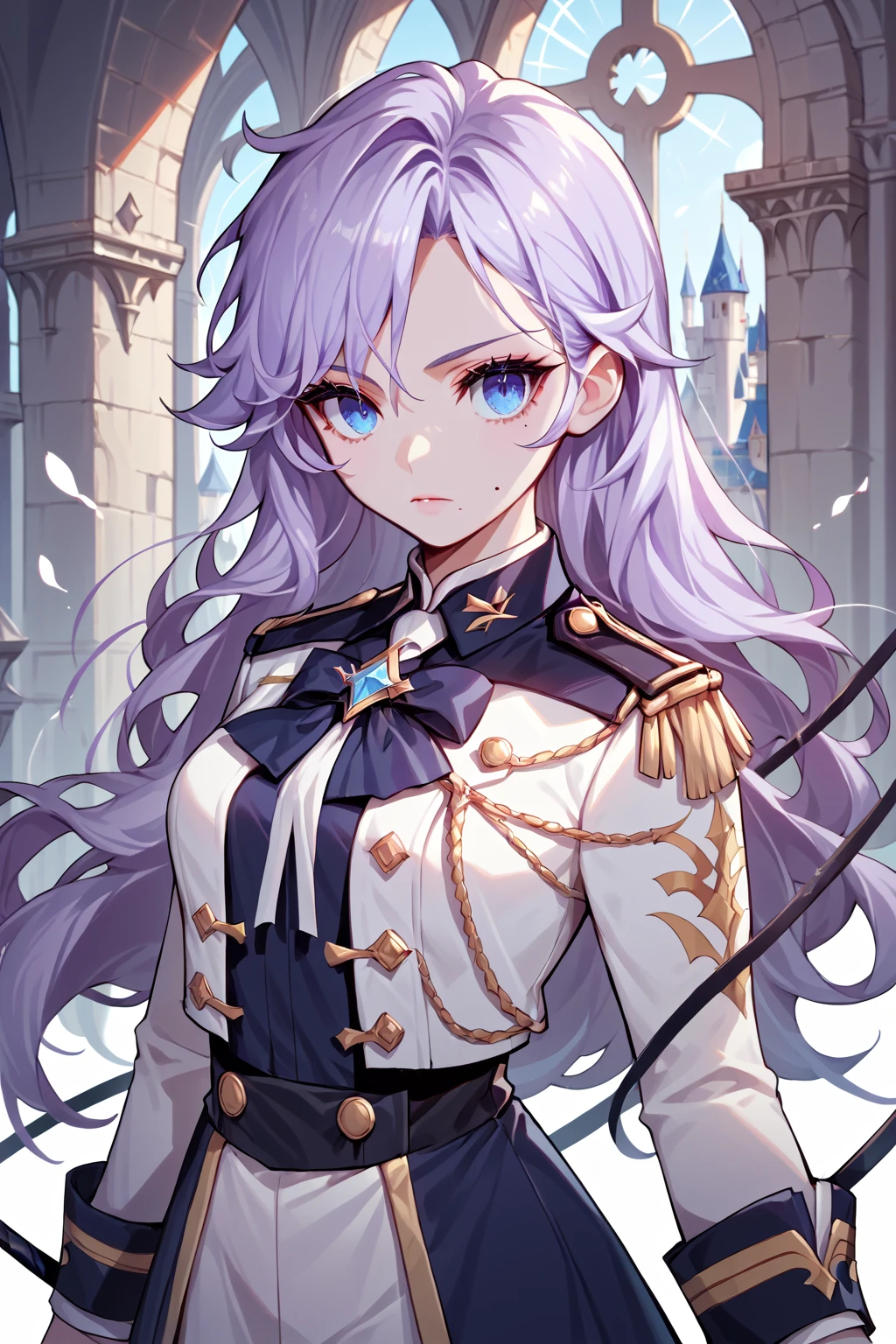 score_9, score_8_up, score_7_up, score_6_up, score_5_up, score_4_up, <lora:Edel - Grand Chase:1>  GCEdel, blue eyes, pastel purple hair, long hair, beauty mark, uniform, holding weapon, fencing foil,  castle background