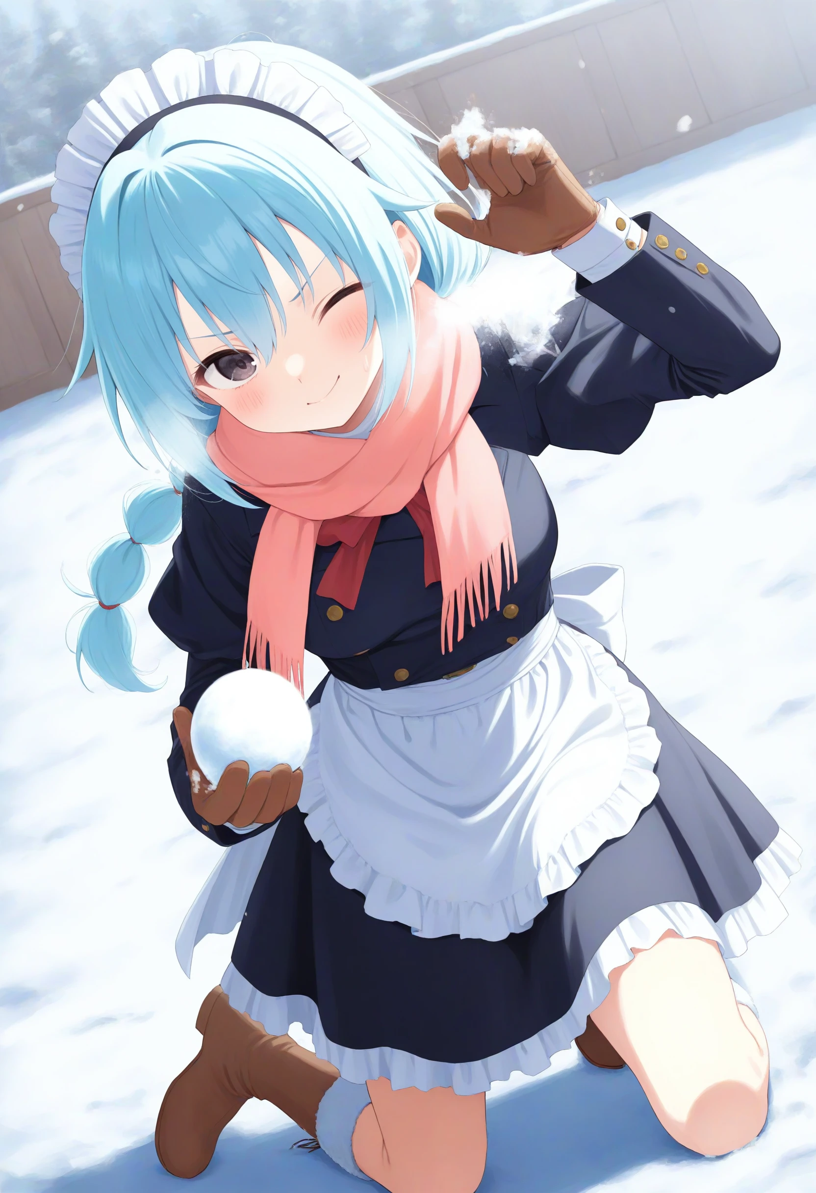 1girl,(sho \(sho lwlw\):0.7),(toosaka asagi:0.5),(sincos:0.3),solo,
masterpiece, best quality, newest, absurdres, CG, anime, source anime, illustration,
maid, maid headdress,medium breasts,
snowball fight, snowball, snow, snowing, outdoors,
winter, winter clothes, open coat, boots, gloves,  coat,  scarf, long sleeves, blush, breath,
one eye closed, sitting, holding,  <lora:snowballfight_Illust_v1:0.8>
dutch angle, full body, looking at viewer, aqua hair, black eyes,kubrick stare, closed mouth, multi-tied hair,