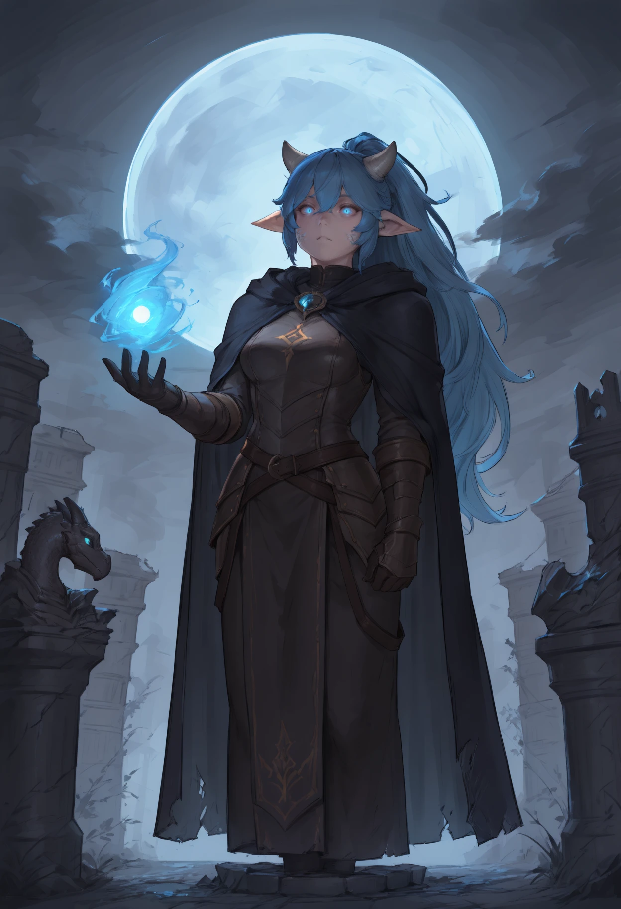 masterpiece, best quality, toned
nvdpwt, 1girl, pointy ears, blue hair, blue eyes, ponytail, long hair, dragon girl, dragon horns, glowing eyes, hair between eyes, scales, slit pupils,
Moonlit ruins, outdoors, stone pillars, dark cloak, gloves, glowing lantern, shadowy figure, cape, eerie atmosphere, broken statues, foggy air, braided hair, mysterious energy, full moon, dark sky
<lora:nvdpwt_idxl_EliPot:1>