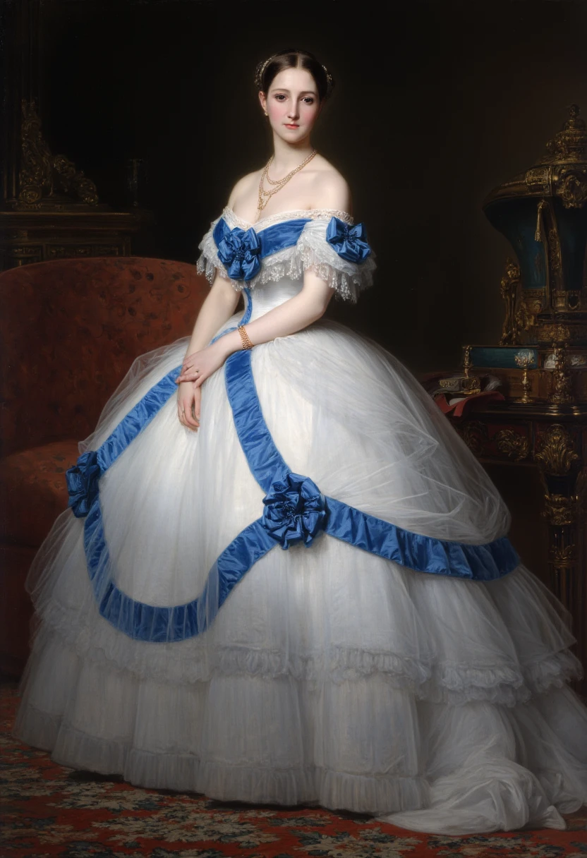 FS. The image is a highly detailed, realistic, and meticulously rendered oil painting. It features a young woman standing in an ornate, dimly lit room, likely a parlor or a boudoir, given the rich textures and the opulent decor. The woman, dressed in a voluminous, elaborate, 19th-century style ball gown, dominates the composition. The dress is predominantly white and blue, with intricate layers of tulle and satin creating a cascading, tiered skirt adorned with deep blue velvet and satin ribbons. The bodice is adorned with a sweetheart neckline and puffed sleeves, featuring a delicate lace overlay and a prominent blue bow at the bust. <lora:Former_Splendor:1>