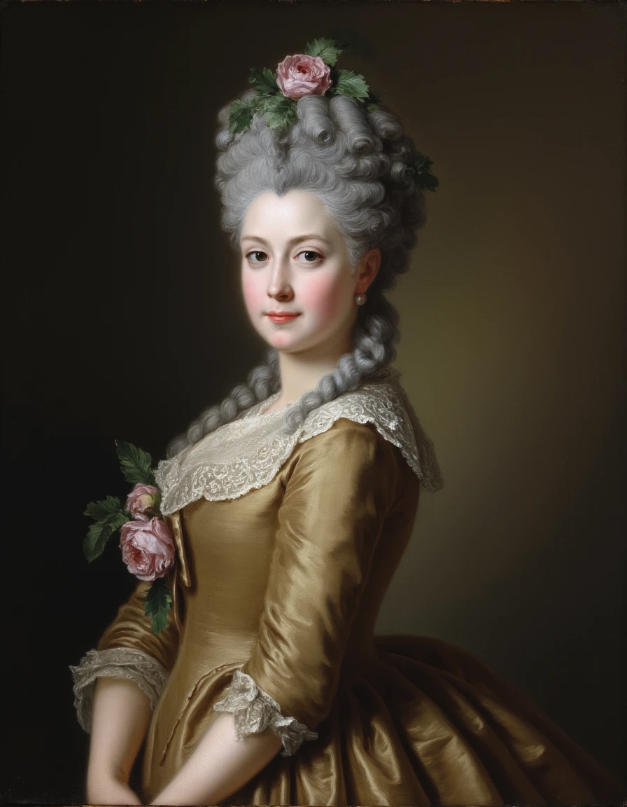 FS. The image is a detailed, highly realistic oil painting of a young woman from the 18th-century Rococo period. She is portrayed in a formal, aristocratic style, standing against a dark, muted background that shifts from dark brown to a deeper, almost black hue. The woman has an elegant, soft appearance with light, porcelain skin and a delicate, slightly upturned nose. Her hair is styled in the elaborate fashion of the time, cascading in voluminous curls that are a light, silvery gray. The curls are adorned with a delicate, pink rose and green foliage.
She is dressed in an elaborate, flowing gown. <lora:Former_Splendor:1>