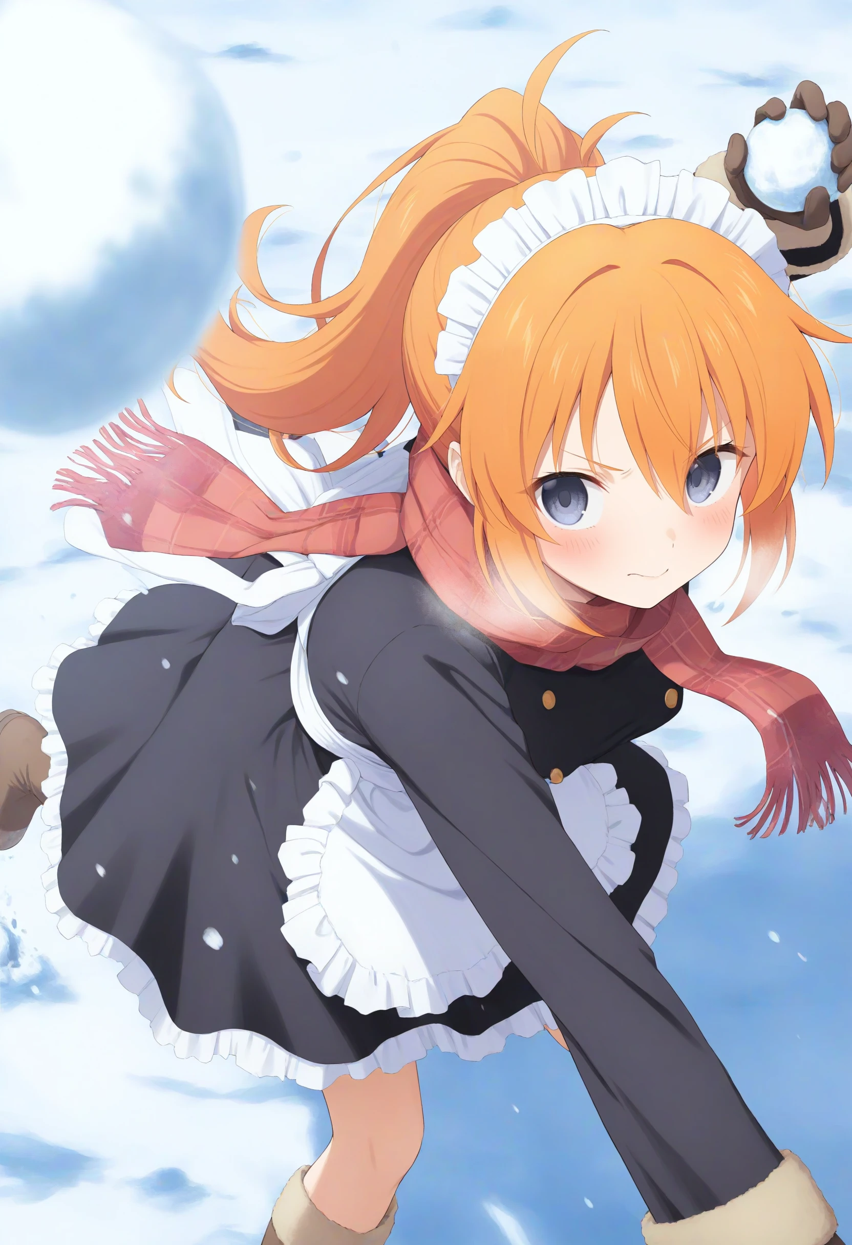 1girl,(sho \(sho lwlw\):0.7),(toosaka asagi:0.5),(sincos:0.3),solo,
masterpiece, best quality, newest, absurdres, CG, anime, source anime, illustration,
maid, maid headdress,medium breasts,
snowball fight, snowball, snow, snowing, outdoors,
winter, winter clothes, open coat, boots, gloves,  coat,  scarf, long sleeves, blush, breath,
throwing, outstretched arms, standing, standing on one leg, leg up,  spread arms, outstretched arm, blurry foreground, leaning forward, motion blur,  <lora:snowballfight_Illust_v1:0.8>
from above, upper body, looking away, orange hair, silver eyes,dark persona, closed mouth, braid ponytail hair,