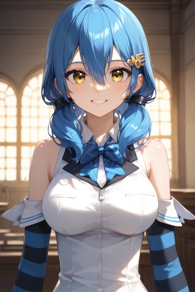 score_9_up,score_8_up,score_7_up,masterpiece,best quality,highres,incredibly absurdres,ultra-detailed,illustration,soft lighting,detailed symmetric eyes,perfect eyes,smooth skin,shiny skin,glossy skin,1girl,large breasts,looking at viewer,indoors,happy,smile,blue hair,low twintails,hair between eyes,hair ornamet,yellow eyes,blue bow,white shirt,bare shoulders,detached sleeves,striped sleeves,bracelet,`<lora:!Vtuber å¶ä» Natsumi moe3 èªè£½:0.8>`