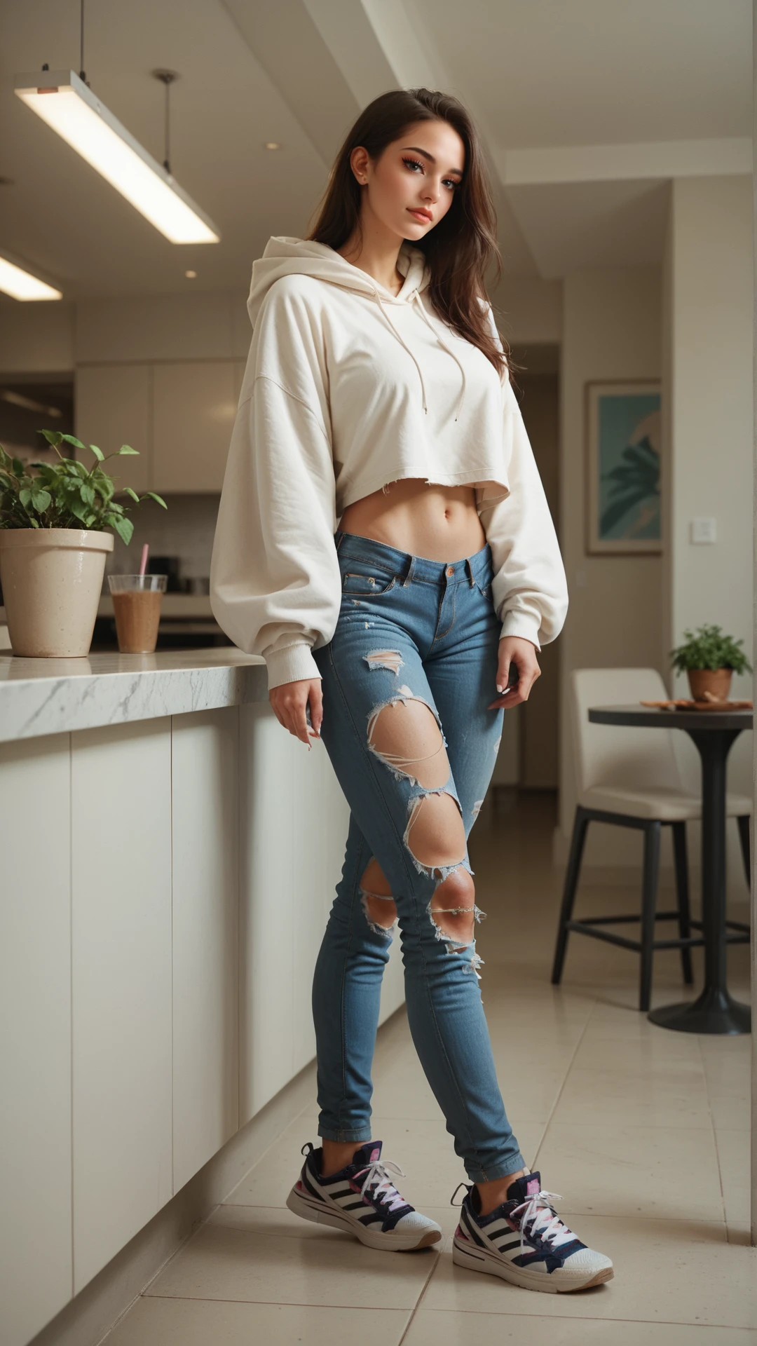 score_9, score_8_up, score_7_up, score_6_up, score_5_up, score_4_up, a woman, Jed-cslstwr, Casual Streetwear,  Oversized white hoodie, ripped jeans, sneakers, bare midriff,  standing, interior, posing   <lora:CasualStreetwear:1>