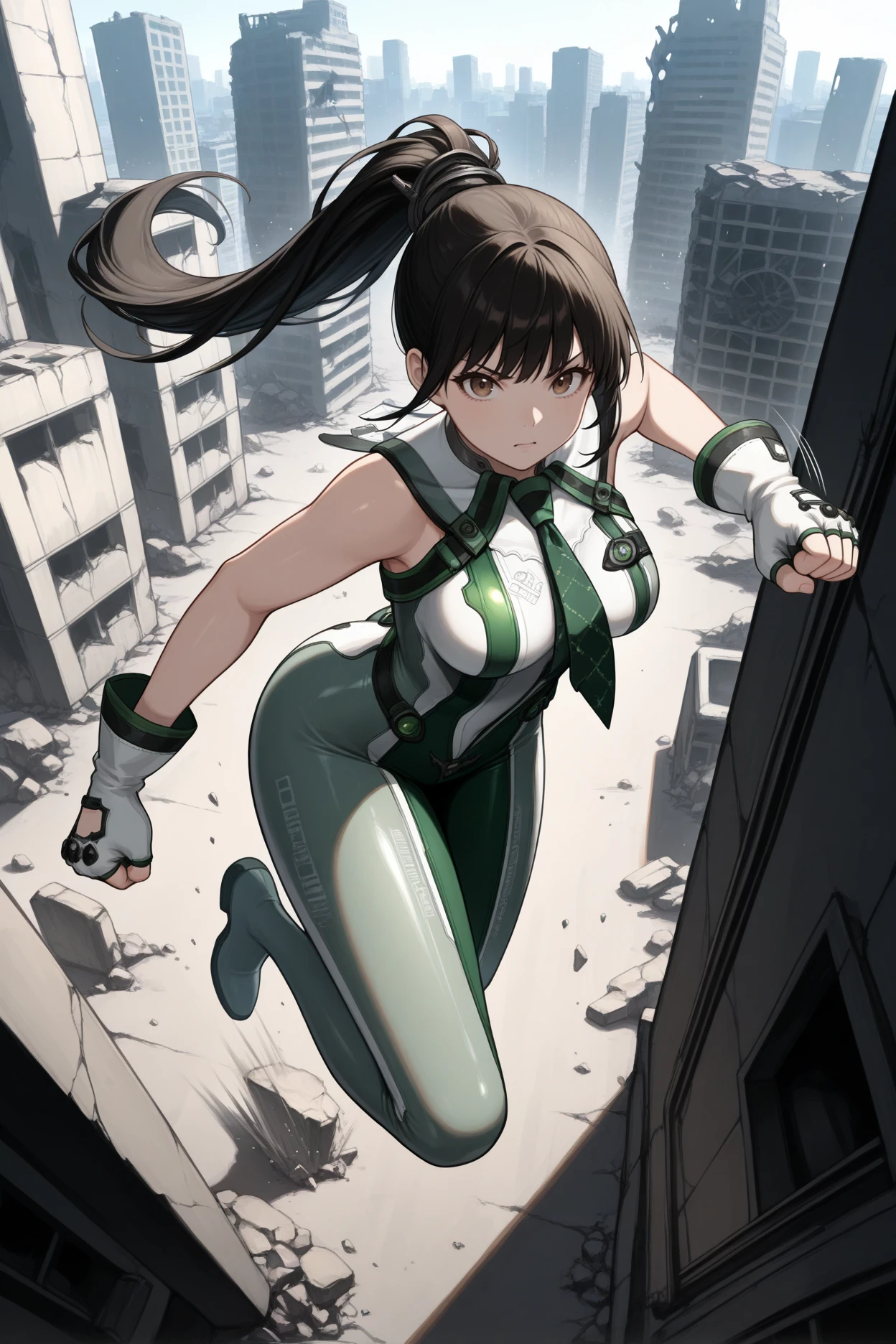 masterpiece, best quality, 1girl, solo  <lora:sbeve-illu-nvwls-v1-000007:1> defEve, black hair, brown eyes, long ponytail, necktie, green and white bodysuit, sleeveless, fingerless gloves, white gloves, medium breasts, clenched hands, attacking, motion blur, city, motion lines, ruined buildings, looking at viewer, wide shot, jumping, from above