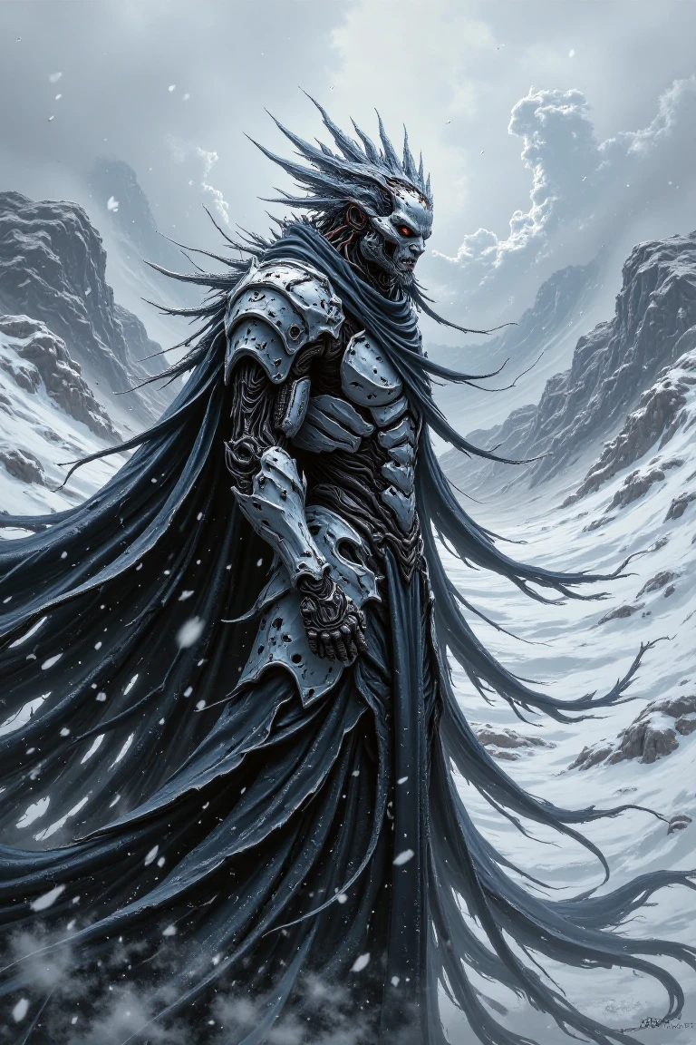 A frozen sentinel stands at the edge of a desolate winter landscape, weathered armor glinting like crystal against the soft, swirling blues and whites. Frost-kissed beard and rugged visage seem to defy the biting cold as misty breath escapes their lips, veiling the frozen terrain. Behind them, an icy tempest rages, its dark shadows hinting at a mysterious world beyond.,north_rest, warrior