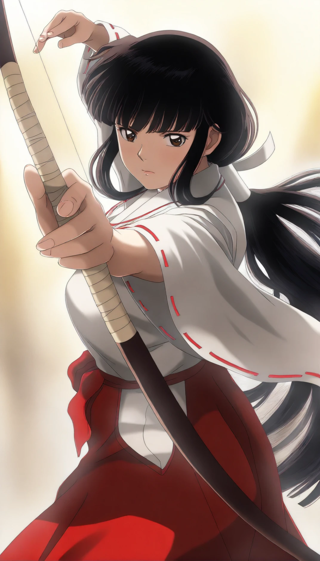 masterpiece,best quality,amazing quality,<lora:kikyoIL:1>,
oykik,realistic,
1girl, solo, black hair, bangs, low ponytail, white scrunchie, brown eyes, looking at viewer, miko outfit, red ribbon necklace, red hakama, cowboy shot, standing, holding a long bow, preparing to draw an arrow, white backgroundsoft lighting,