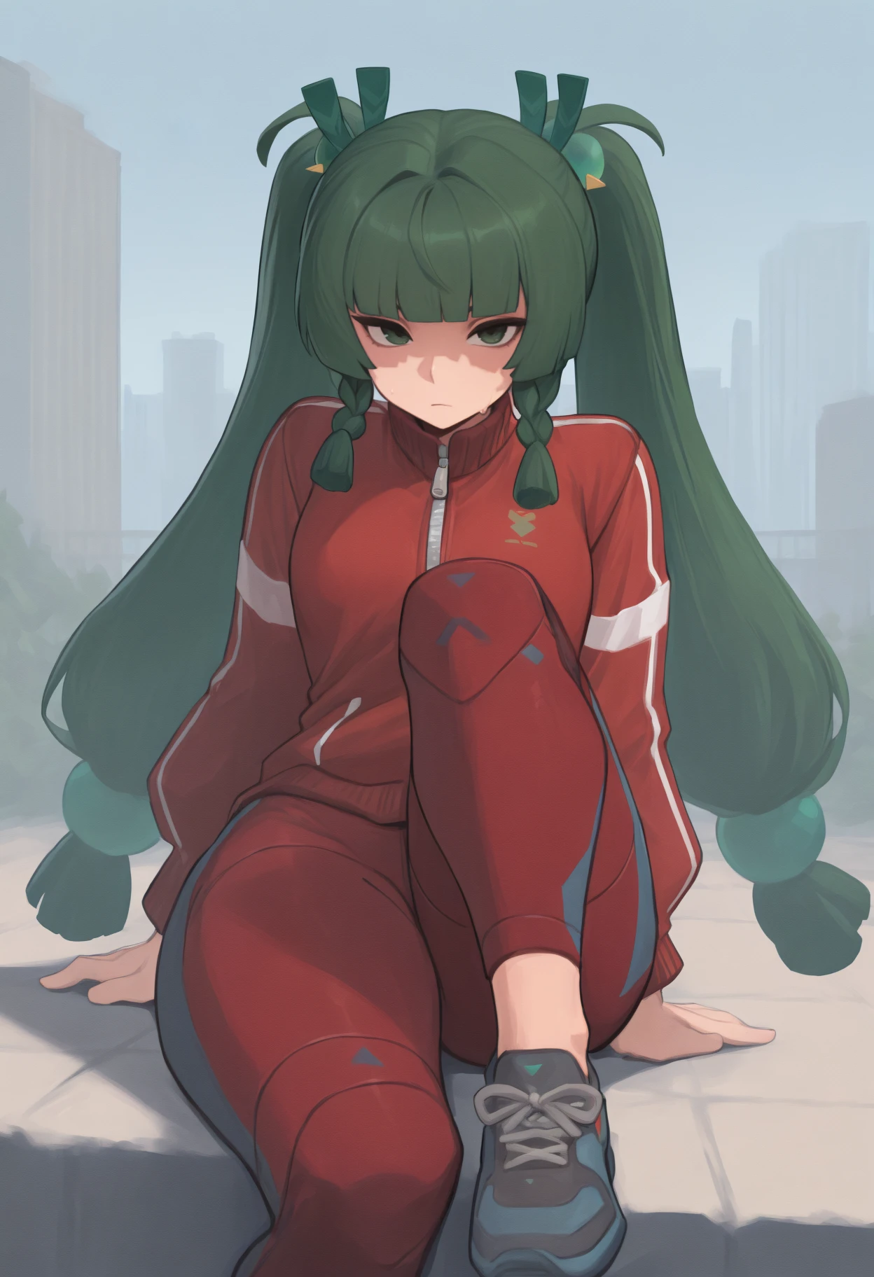 masterpiece, best quality, <break> solo, 1girl, q1ngyi, robot joints, sweat, expressionless, looking at viewer, sitting, arm support, knee up, long hair, green hair, blunt bangs, twintails, twin braids, hair ornament, green eyes, track suit, red jacket, track jacket, long sleeves, red pants, sneakers, outdoors, city
<segment:yolo-Anzhc Face seg 640 v2 y8n.pt,0.4,0.5//cid=1>